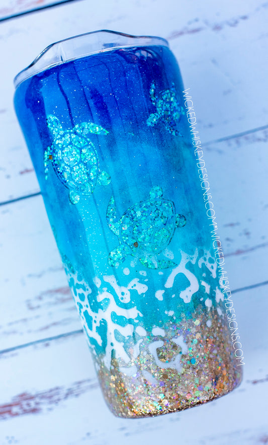 Coral Azul Glitter Tumbler - Handmade Resin + Stainless Steel