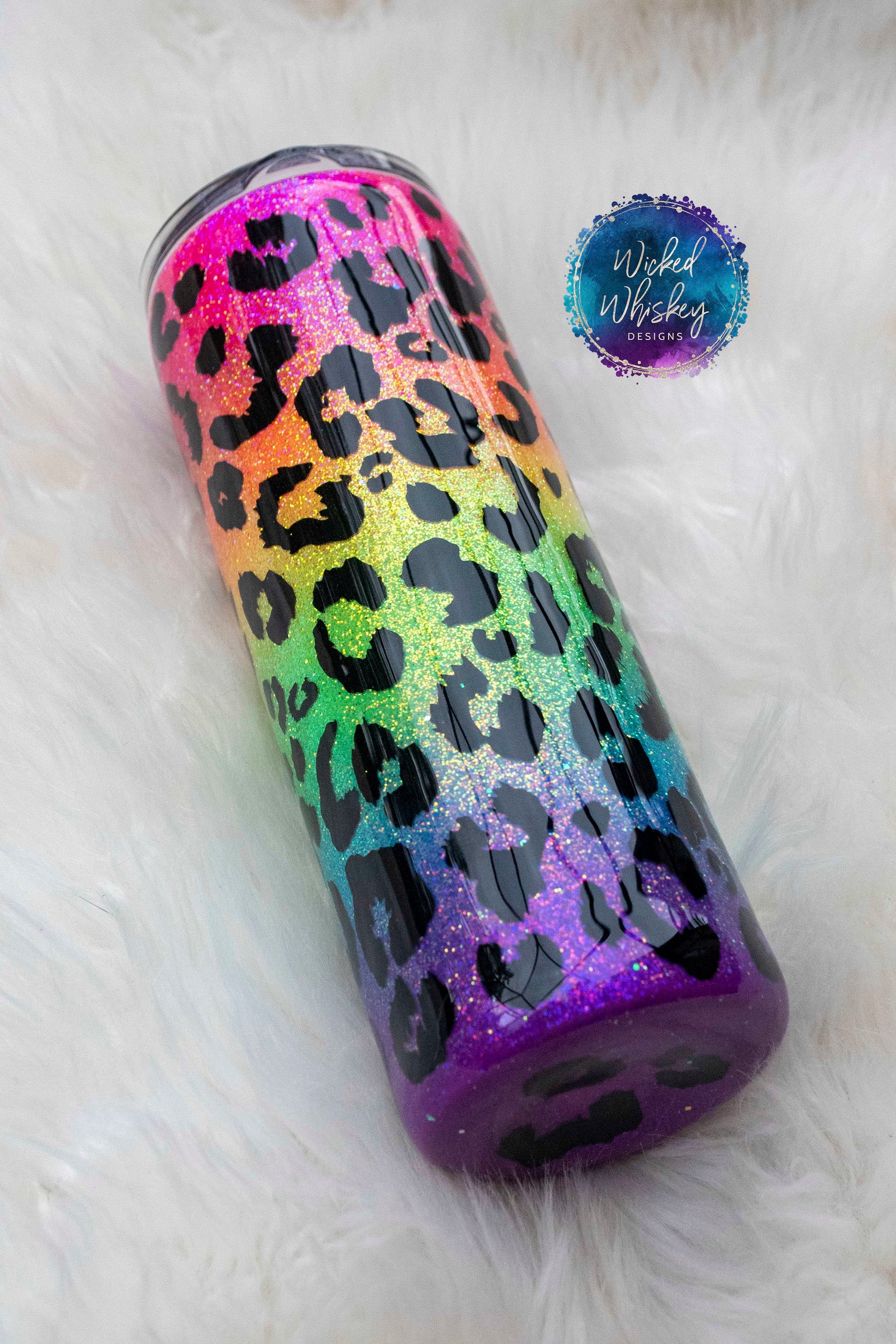 Neon Rainbow Leopard Glitter Tumbler