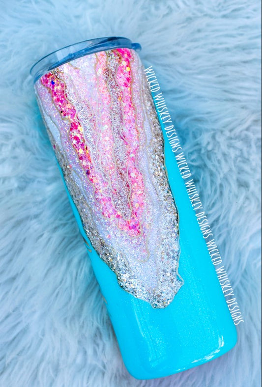 Teal and Coral Geode Glitter Tumbler | Personalized Tumblers